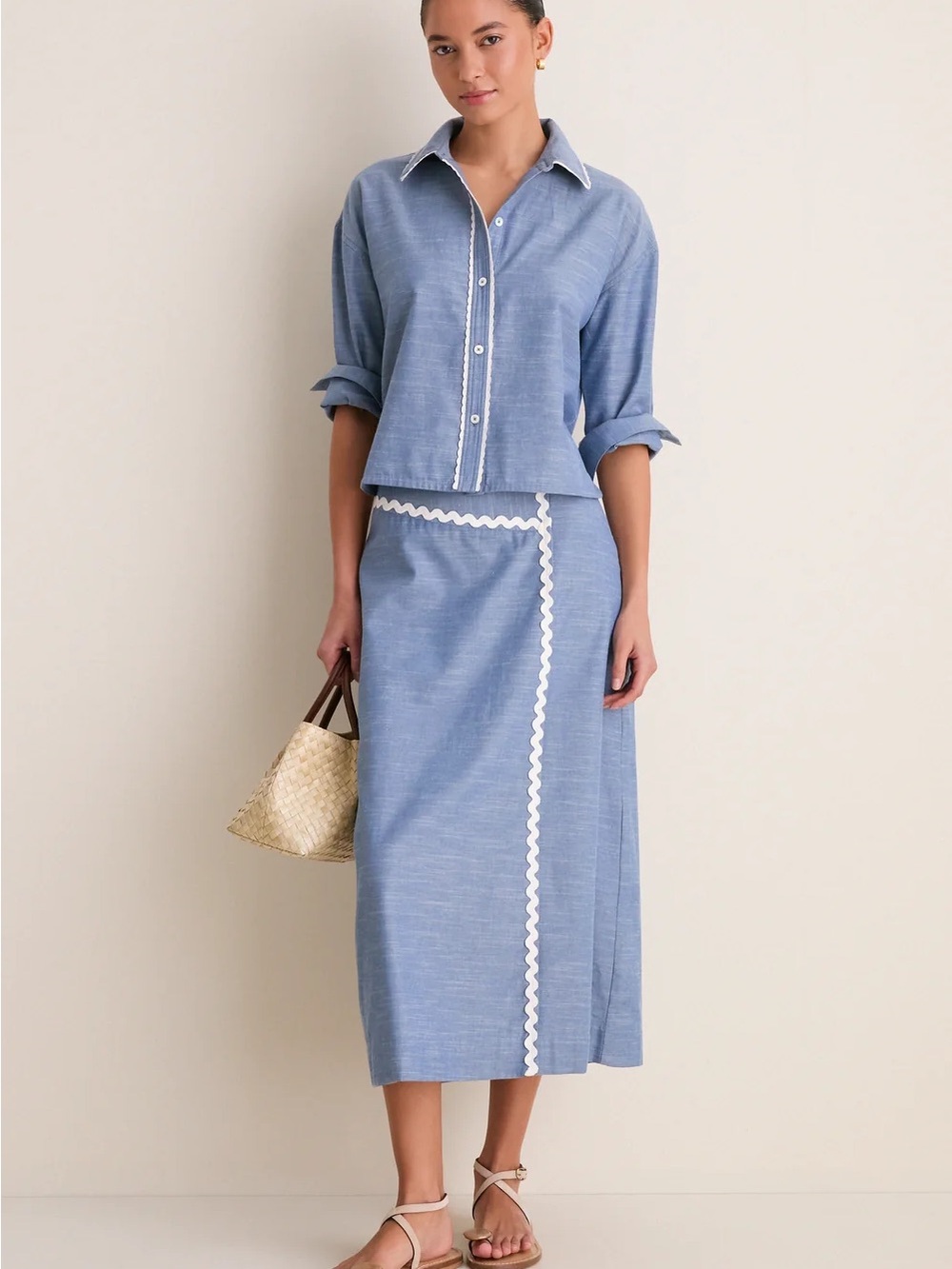 Tuckernuck Chambray Blue Midi Skirt with White Rickrack - Picture 2 of 8